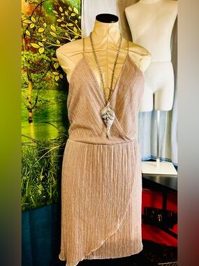 Express Metallic Blush Pink Pleated V-Neck Halter Lined Dress: XL